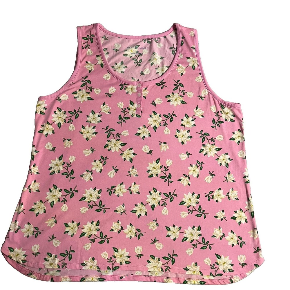 Draper James Women's 1X Tank Top Pink W/ White Magnolia Floral Print Southern